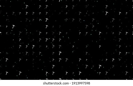 Seamless background pattern of evenly spaced white pickaxe symbols of different sizes and opacity. Vector illustration on black background with stars