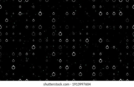 Seamless background pattern of evenly spaced white diamond ring symbols of different sizes and opacity. Vector illustration on black background with stars
