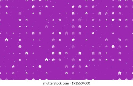 Seamless background pattern of evenly spaced white dog house kennel symbols of different sizes and opacity. Vector illustration on purple background with stars