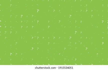 Seamless background pattern of evenly spaced white pickaxe symbols of different sizes and opacity. Vector illustration on light green background with stars