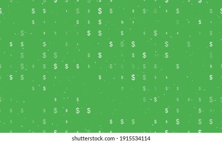 Seamless background pattern of evenly spaced white dollar symbols of different sizes and opacity. Vector illustration on green background with stars