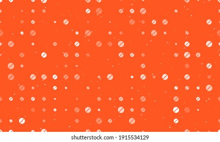 Seamless background pattern of evenly spaced white pill symbols of different sizes and opacity. Vector illustration on deep orange background with stars