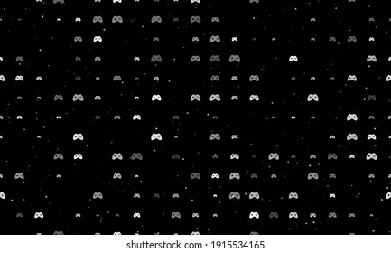 Seamless background pattern of evenly spaced white joystick symbols of different sizes and opacity. Vector illustration on black background with stars
