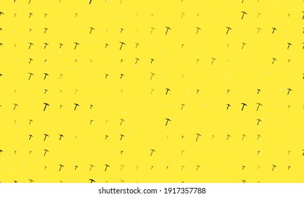 Seamless background pattern of evenly spaced black pickaxe symbols of different sizes and opacity. Vector illustration on yellow background with stars