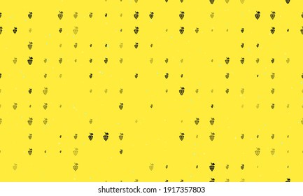 Seamless background pattern of evenly spaced black grapes symbols of different sizes and opacity. Vector illustration on yellow background with stars
