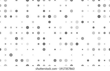 Seamless background pattern of evenly spaced black chip symbols of different sizes and opacity. Vector illustration on white background