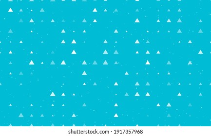 Seamless background pattern of evenly spaced white triangle symbols of different sizes and opacity. Vector illustration on cyan background with stars