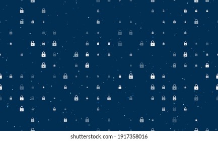 Seamless background pattern of evenly spaced white padlock symbols of different sizes and opacity. Vector illustration on dark blue background with stars