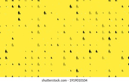 Seamless background pattern of evenly spaced black woman with child symbols of different sizes and opacity. Vector illustration on yellow background with stars