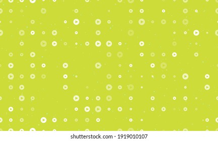 Seamless background pattern of evenly spaced white play symbols of different sizes and opacity. Vector illustration on lime background with stars