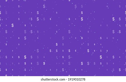 Seamless background pattern of evenly spaced white dollar symbols of different sizes and opacity. Vector illustration on deep purple background with stars