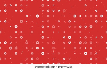 Seamless background pattern of evenly spaced white play symbols of different sizes and opacity. Vector illustration on red background with stars