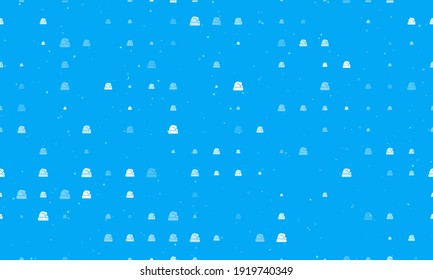 Seamless background pattern of evenly spaced white santa claus hat symbols of different sizes and opacity. Vector illustration on light blue background with stars