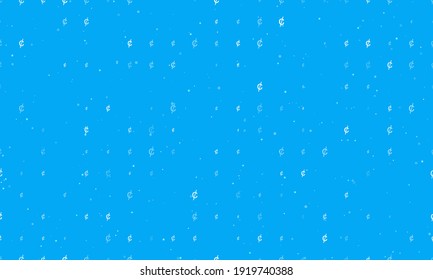 Seamless background pattern of evenly spaced white cent symbols of different sizes and opacity. Vector illustration on light blue background with stars