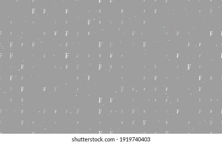 Seamless background pattern of evenly spaced white franc symbols of different sizes and opacity. Vector illustration on grey background with stars