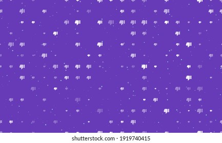 Seamless background pattern of evenly spaced white thumb down symbols of different sizes and opacity. Vector illustration on deep purple background with stars