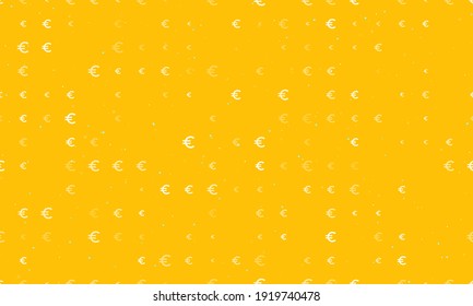 Seamless background pattern of evenly spaced white euro symbols of different sizes and opacity. Vector illustration on amber background with stars