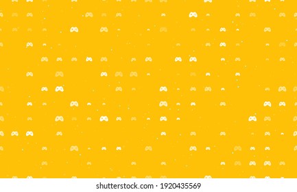 Seamless background pattern of evenly spaced white joystick symbols of different sizes and opacity. Vector illustration on amber background with stars