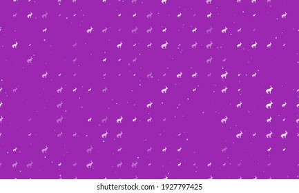 Seamless background pattern of evenly spaced white hare symbols of different sizes and opacity. Vector illustration on purple background with stars