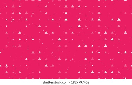 Seamless background pattern of evenly spaced white triangle symbols of different sizes and opacity. Vector illustration on pink background with stars