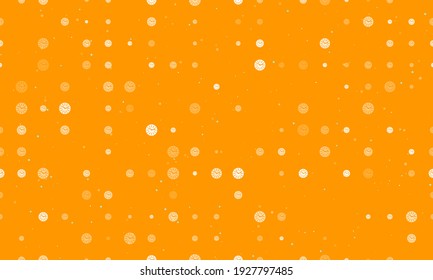 Seamless background pattern of evenly spaced white clock symbols of different sizes and opacity. Vector illustration on orange background with stars