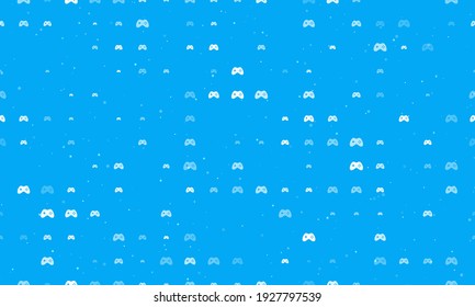 Seamless background pattern of evenly spaced white joystick symbols of different sizes and opacity. Vector illustration on light blue background with stars