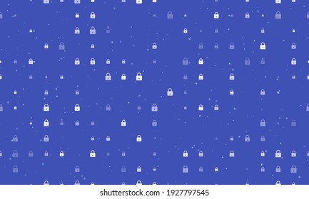 Seamless background pattern of evenly spaced white padlock symbols of different sizes and opacity. Vector illustration on indigo background with stars