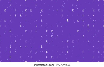 Seamless background pattern of evenly spaced white lira symbols of different sizes and opacity. Vector illustration on deep purple background with stars