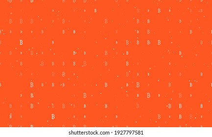 Seamless background pattern of evenly spaced white bitcoin symbols of different sizes and opacity. Vector illustration on deep orange background with stars