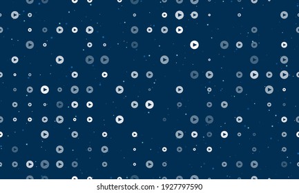 Seamless background pattern of evenly spaced white play symbols of different sizes and opacity. Vector illustration on dark blue background with stars