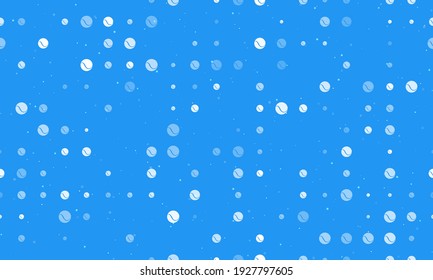 Seamless background pattern of evenly spaced white tennis balls of different sizes and opacity. Vector illustration on blue background with stars