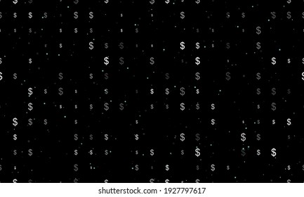 Seamless background pattern of evenly spaced white dollar symbols of different sizes and opacity. Vector illustration on black background with stars