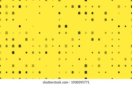 Seamless background pattern of evenly spaced black turtle symbols of different sizes and opacity. Vector illustration on yellow background with stars