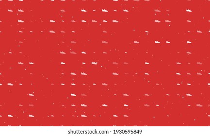 Seamless background pattern of evenly spaced white football boot symbols of different sizes and opacity. Vector illustration on red background with stars