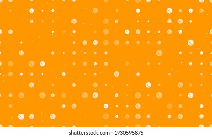 Seamless background pattern of evenly spaced white tennis balls of different sizes and opacity. Vector illustration on orange background with stars