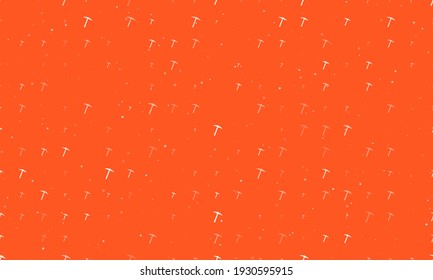 Seamless background pattern of evenly spaced white pickaxe symbols of different sizes and opacity. Vector illustration on deep orange background with stars