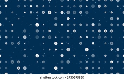 Seamless background pattern of evenly spaced white info symbols of different sizes and opacity. Vector illustration on dark blue background with stars