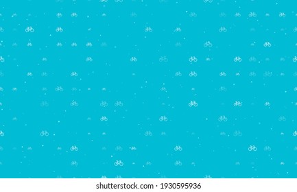 Seamless background pattern of evenly spaced white bicycle symbols of different sizes and opacity. Vector illustration on cyan background with stars