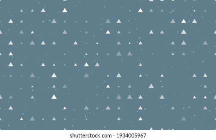 Seamless background pattern of evenly spaced white triangle symbols of different sizes and opacity. Vector illustration on blue grey background with stars