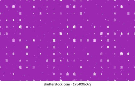 Seamless background pattern of evenly spaced white turtle symbols of different sizes and opacity. Vector illustration on purple background with stars