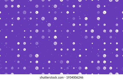 Seamless background pattern of evenly spaced white tennis balls of different sizes and opacity. Vector illustration on deep purple background with stars