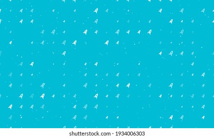 Seamless background pattern of evenly spaced white rocket symbols of different sizes and opacity. Vector illustration on cyan background with stars