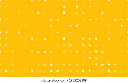Seamless background pattern of evenly spaced white padlock symbols of different sizes and opacity. Vector illustration on amber background with stars