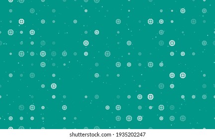 Seamless background pattern of evenly spaced white chip symbols of different sizes and opacity. Vector illustration on teal background with stars