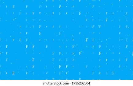 Seamless background pattern of evenly spaced white franc symbols of different sizes and opacity. Vector illustration on light blue background with stars