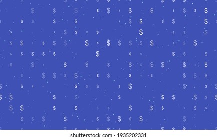 Seamless background pattern of evenly spaced white dollar symbols of different sizes and opacity. Vector illustration on indigo background with stars