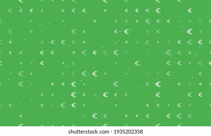 Seamless background pattern of evenly spaced white euro symbols of different sizes and opacity. Vector illustration on green background with stars