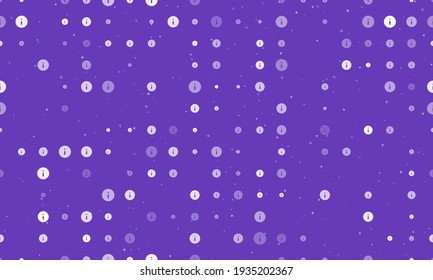 Seamless background pattern of evenly spaced white info symbols of different sizes and opacity. Vector illustration on deep purple background with stars