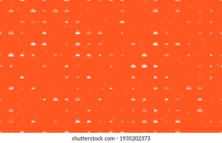 Seamless background pattern of evenly spaced white crown symbols of different sizes and opacity. Vector illustration on deep orange background with stars