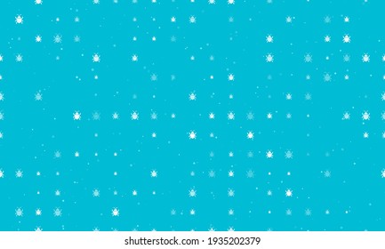 Seamless background pattern of evenly spaced white bug symbols of different sizes and opacity. Vector illustration on cyan background with stars